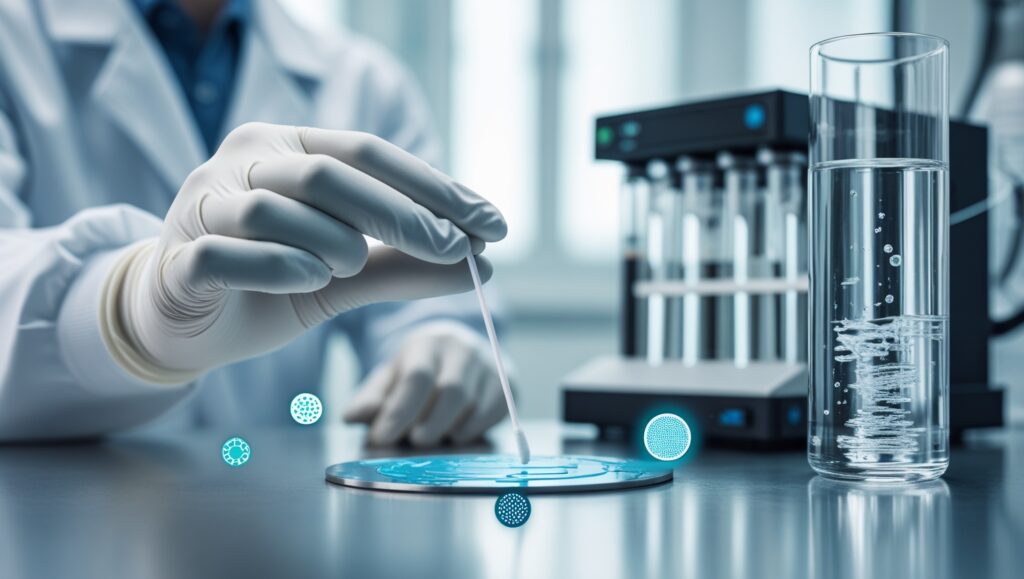 Scientist collecting surface sample with sterile swab in modern laboratory for SWAB Technology guide, showcasing surface, water, and air bio-sampling techniques.
