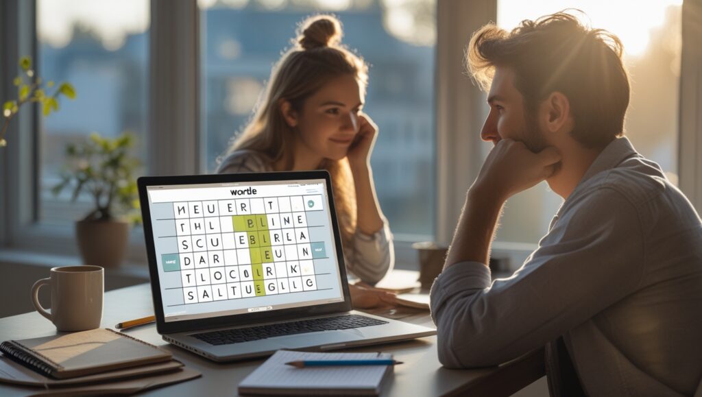 A person sitting at a desk with a laptop open showing a today Wordle hint, deep in thought with a notepad nearby and morning sunlight streaming through a window.