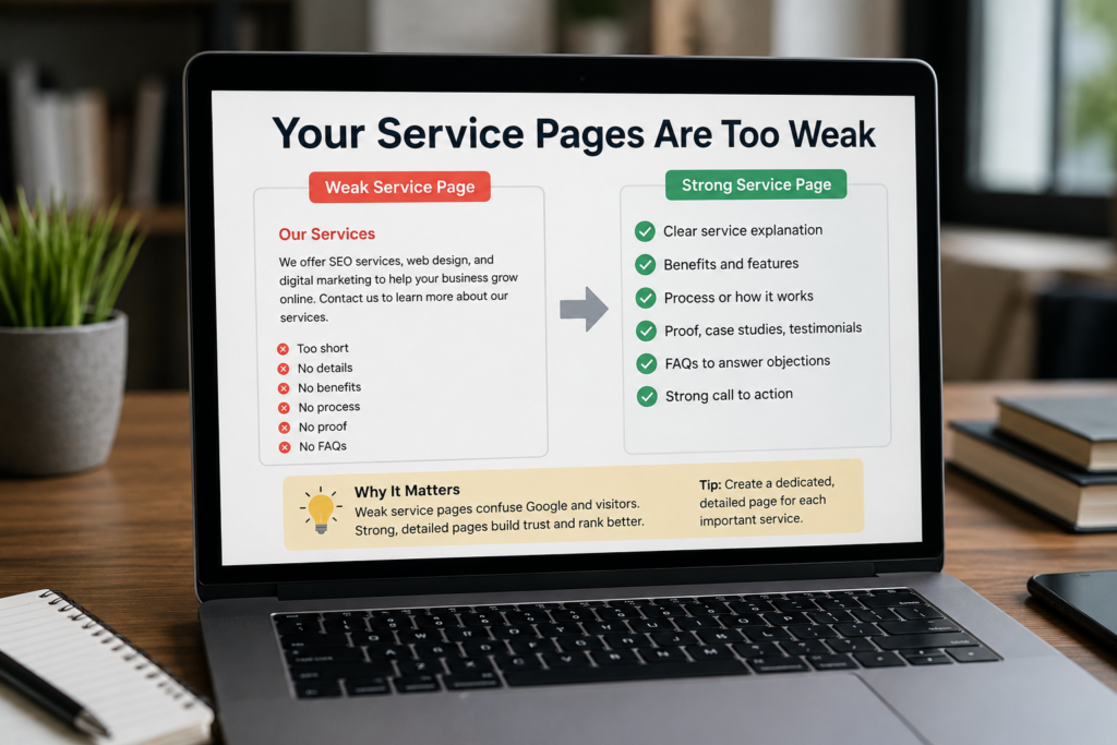 Why is my wite not ranking? one main factor is weak service page presentation