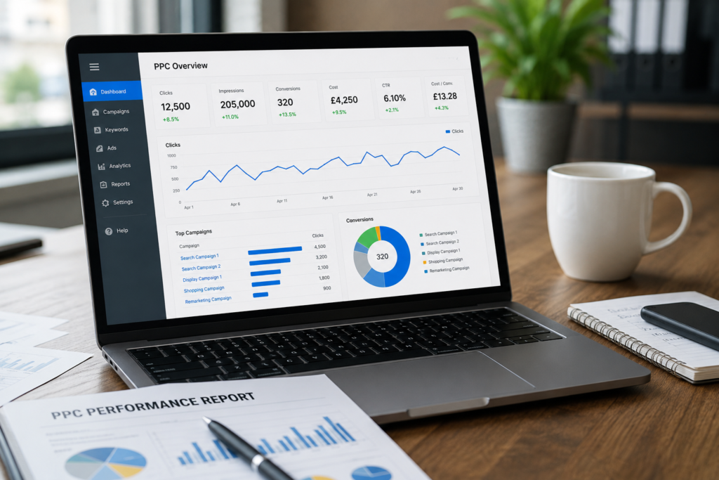 Modern office with PPC management uk  dashboard