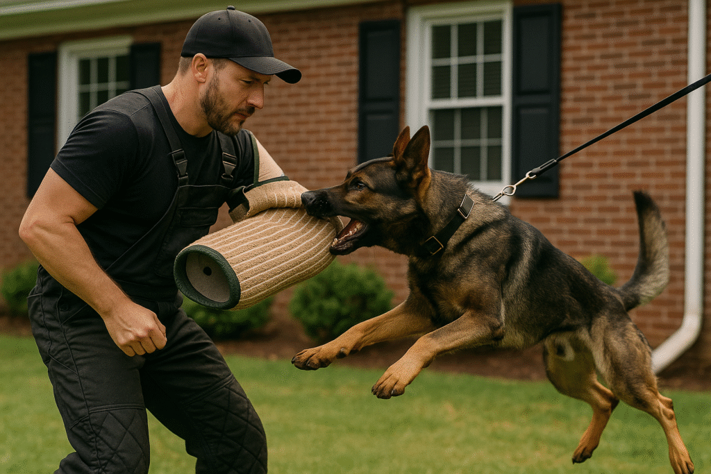 Professional trainer teaching obedience as part of Home Protection Dog Training