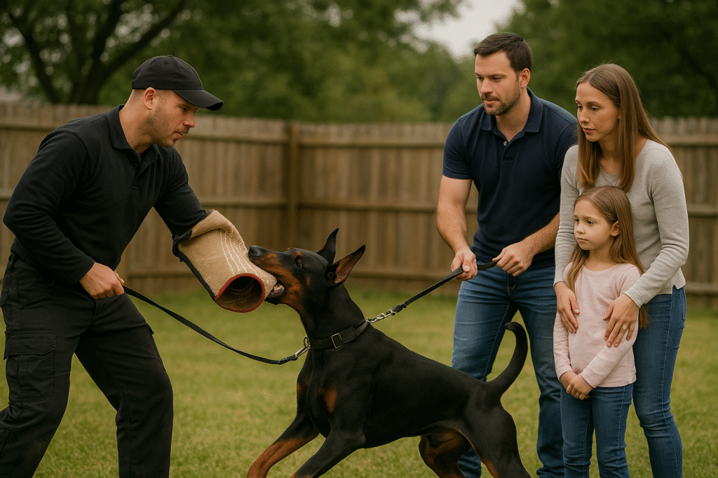 Professional trainer teaching obedience as part of Home Protection Dog Training